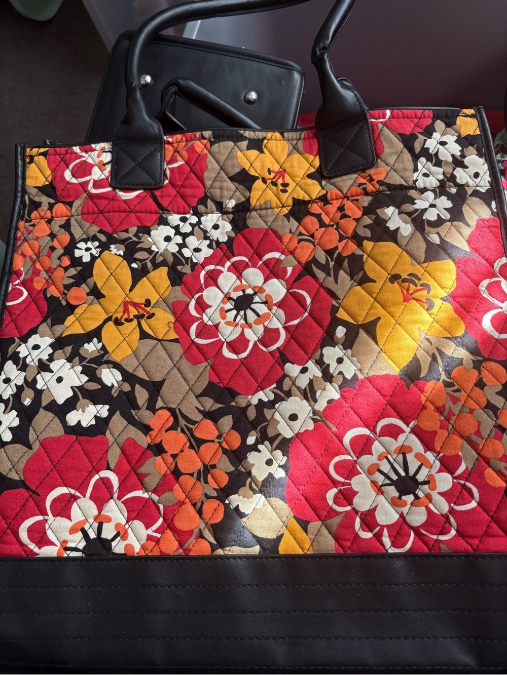 Vera Bradley Quilted Floral Tote in Red, Yellow & Orange with Black Trim